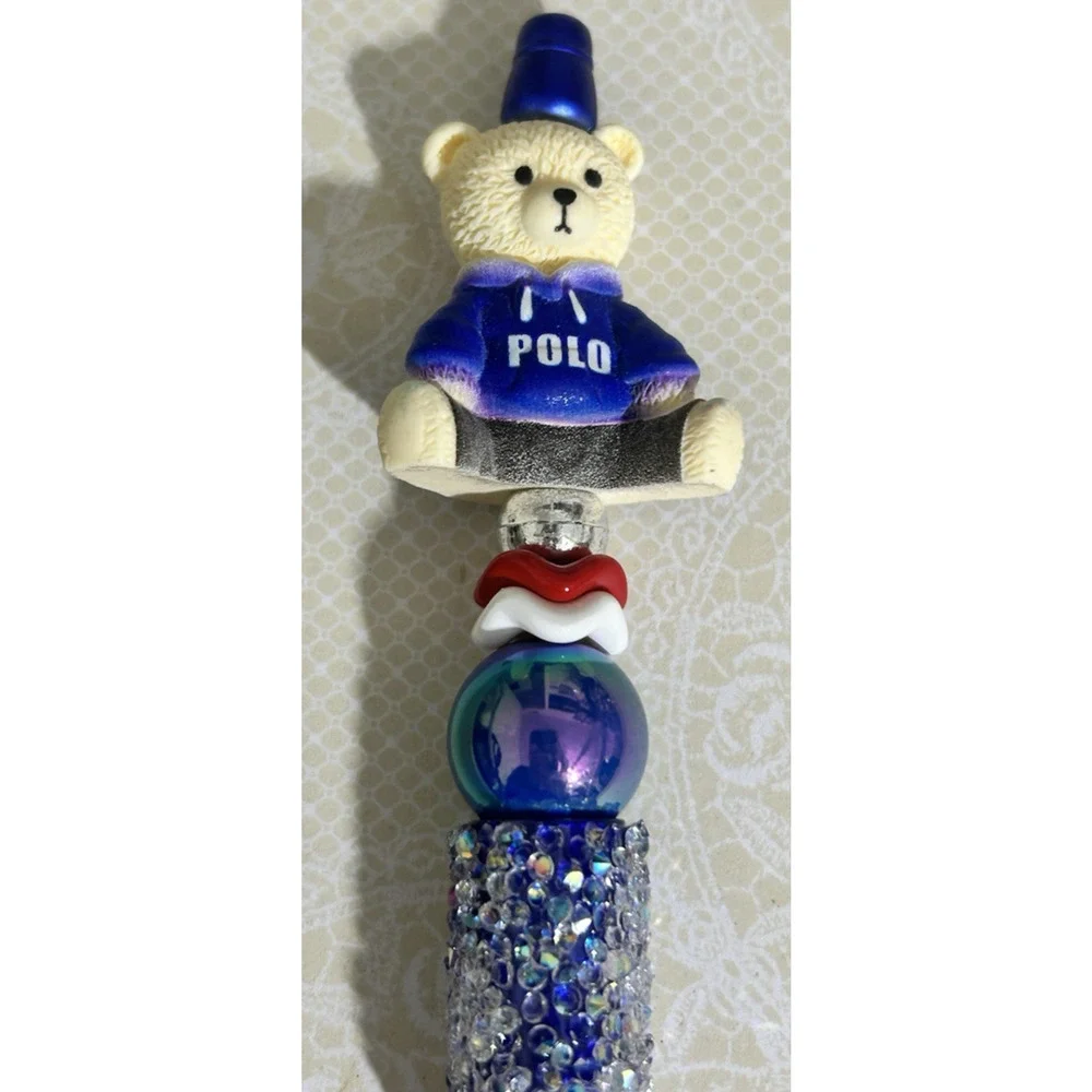Custom Pen Baby Teddy Bear Patriotic Beaded Acrylic Black Ink Unique Handmade